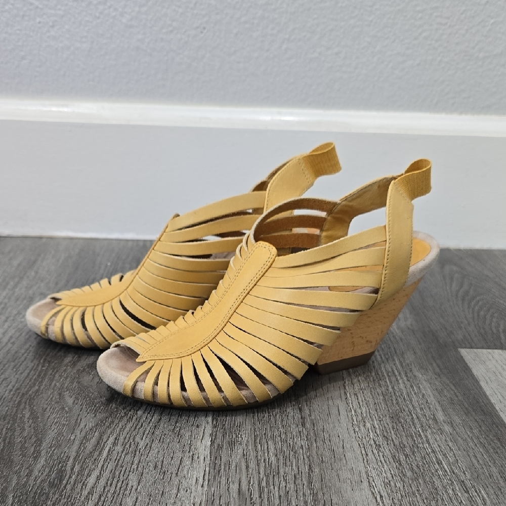 Camper Rachel Yellow Woven Slingback Wedge Sandals Wood Block - Picture 2 of 10